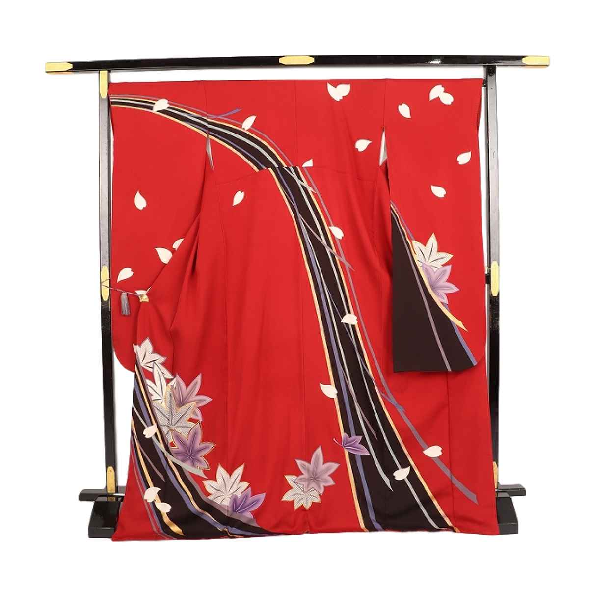 振袖 花柄 紅型　波模様 多色　長襦袢うそつき袖付　身丈約150cm 小柄な方 L'avenir / 振袖 紅型赤地裾黒ぼかし垣根に花蝶【1128】