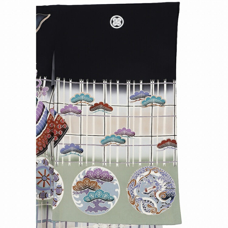 お宮参り 産着 レンタル 男の子 着物 正絹 黒ボカシ格子獅子兜