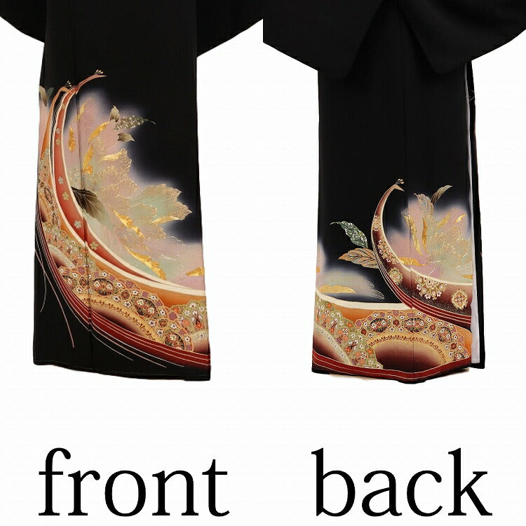 黒留袖 レンタル おすすめ Mサイズ レンガ牡丹孔雀 正絹 留袖 レンタル