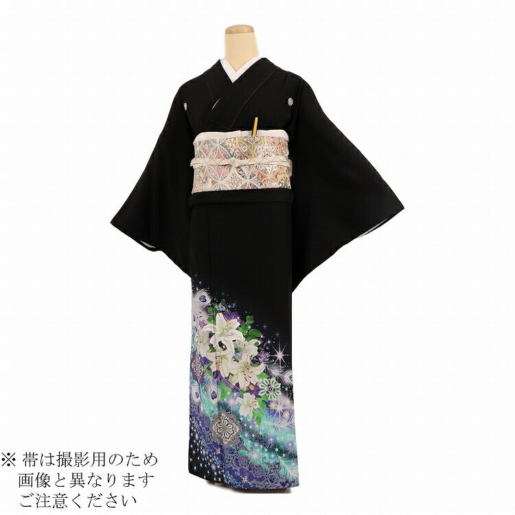 結婚式 黒留袖 レンタル 夏用 単衣 Mサイズ 緑紫更紗蘭孔雀 正絹 結婚式 黒留袖 レンタル 夏用 単衣 Mサイズ 緑紫更紗蘭孔雀 正絹