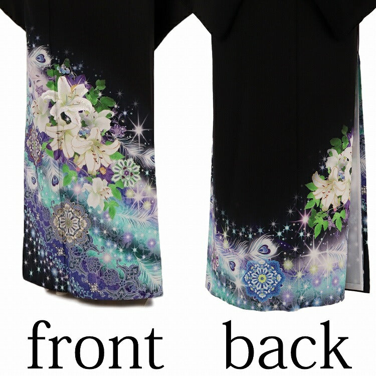 結婚式 黒留袖 レンタル 夏用 単衣 Mサイズ 緑紫更紗蘭孔雀 正絹 留袖