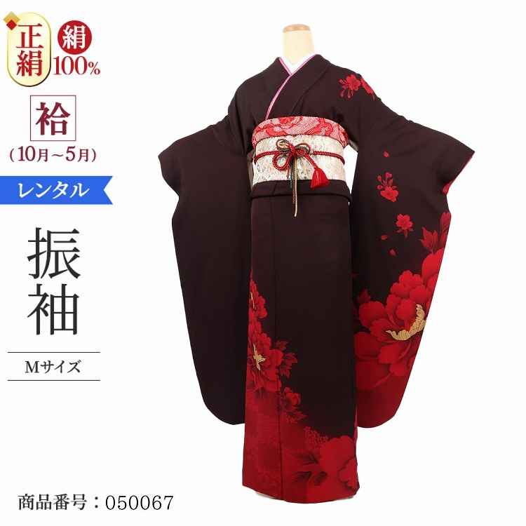 振袖 レンタル 茶 【Mサイズ 濃茶ワイン牡丹】 振袖 レンタル 成人式 シンプル 1か月 振袖レンタル フルセット 結婚式  【レンタル】 大正ロマン 振袖