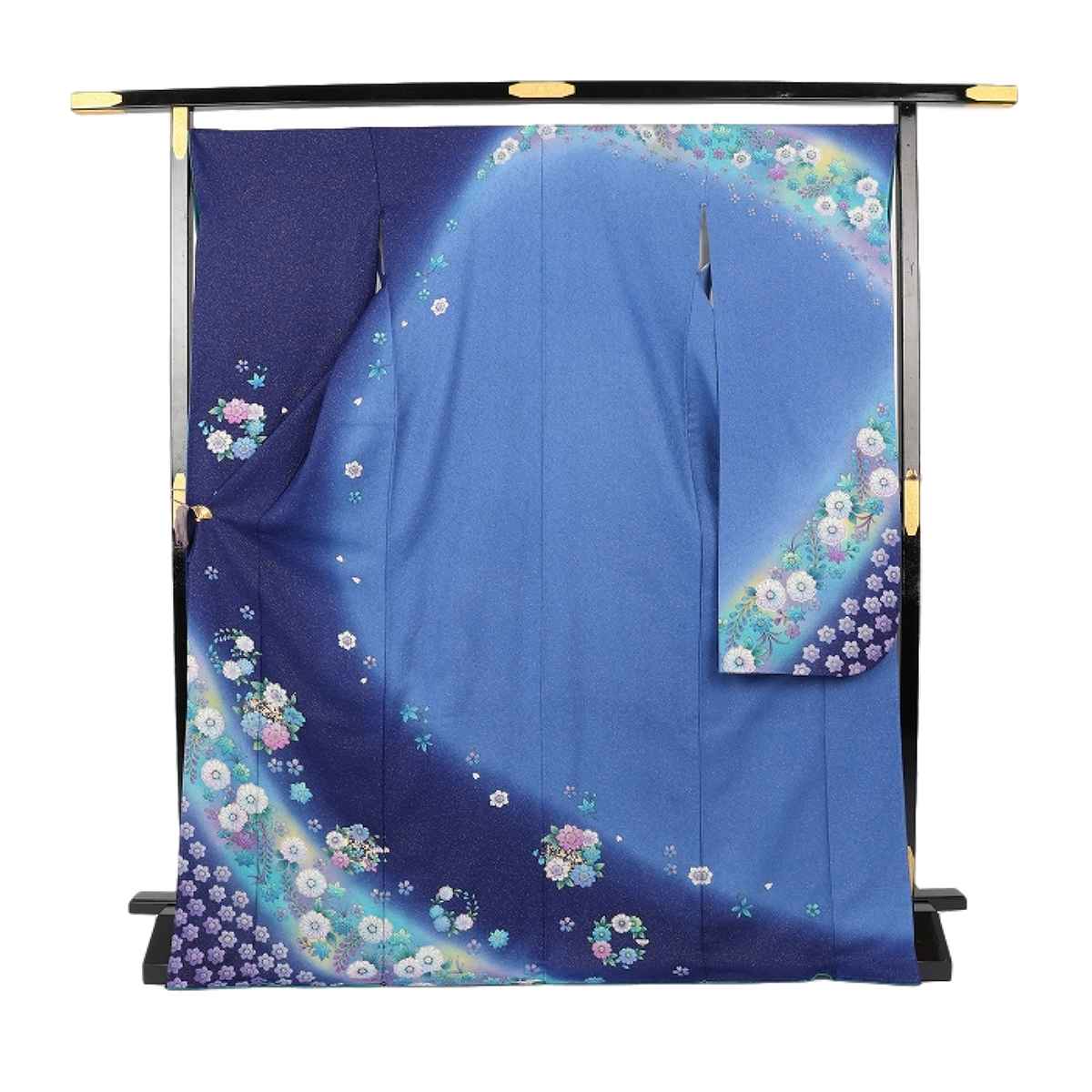 振袖 レンタル 青 紺色 振袖 辻が花 【Mサイズ 濃紺ラメ四君