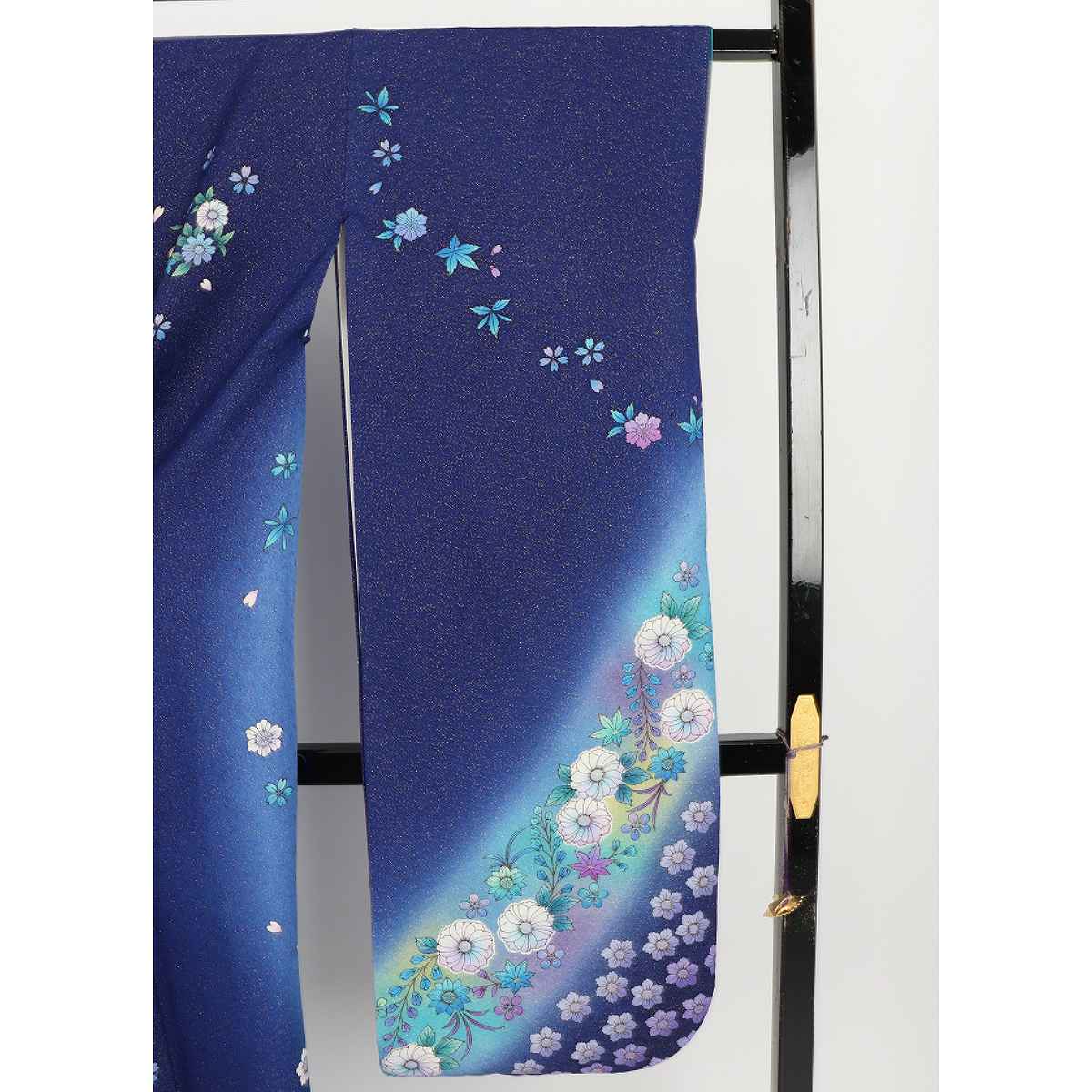 振袖 レンタル 青 紺色 振袖 辻が花 【Mサイズ 濃紺ラメ四君
