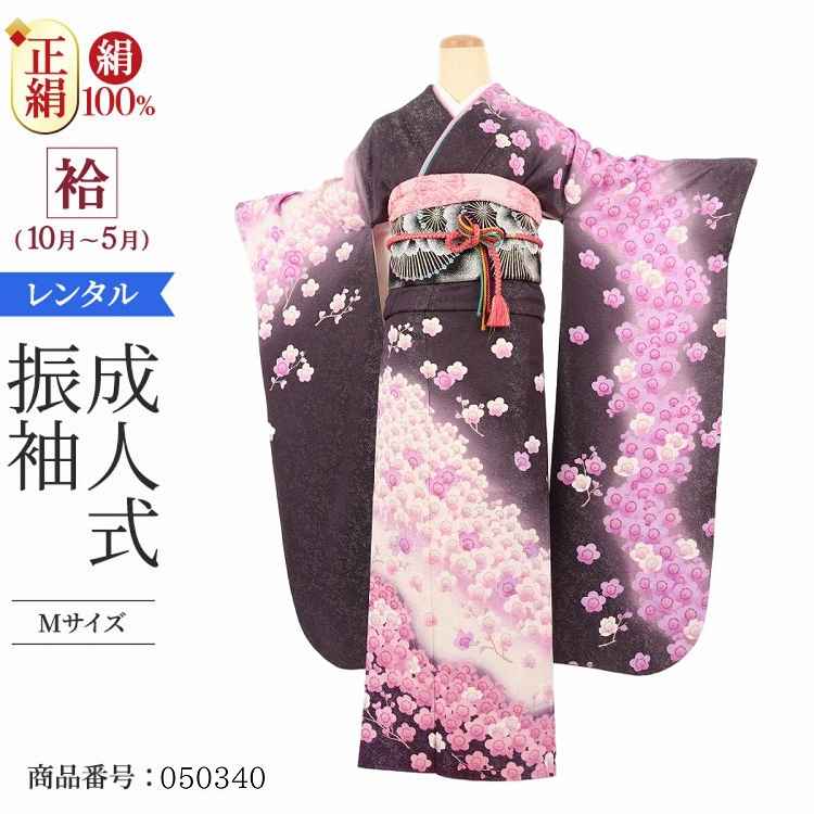 振袖 レンタル 茶色 【Mサイズ 濃ネズ白ラメ梅花】 振袖 レンタル 成人式 シンプル 1か月 振袖レンタル フルセット 結婚式  【レンタル】 大正ロマン 振袖 草履 バッグ 帯