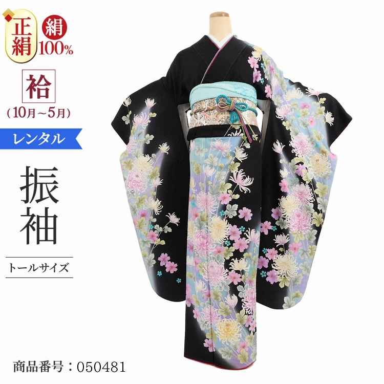 振袖 レンタル 170cm 黒 振袖レンタル トールサイズ 【LAサイズ 黒藤時ラメ刺繍菊花】 振袖 レンタル 成人式 シンプル 1か月 振袖レンタル フルセット 結婚式  【レンタル】 大正ロマン 振袖