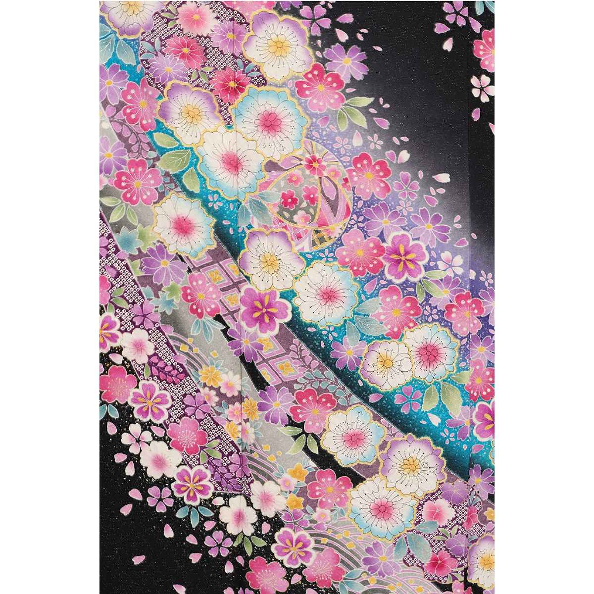 振袖 レンタル 黒 振袖 辻が花 【Mサイズ 黒緑ラメ辻が花】 振袖