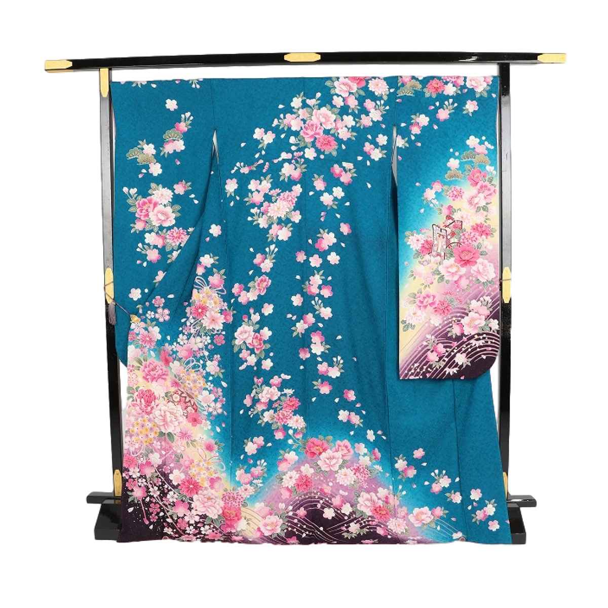 振袖 レンタル 青 紺色 【Mサイズ 青緑朱鷺ラメ贈り花】 振袖