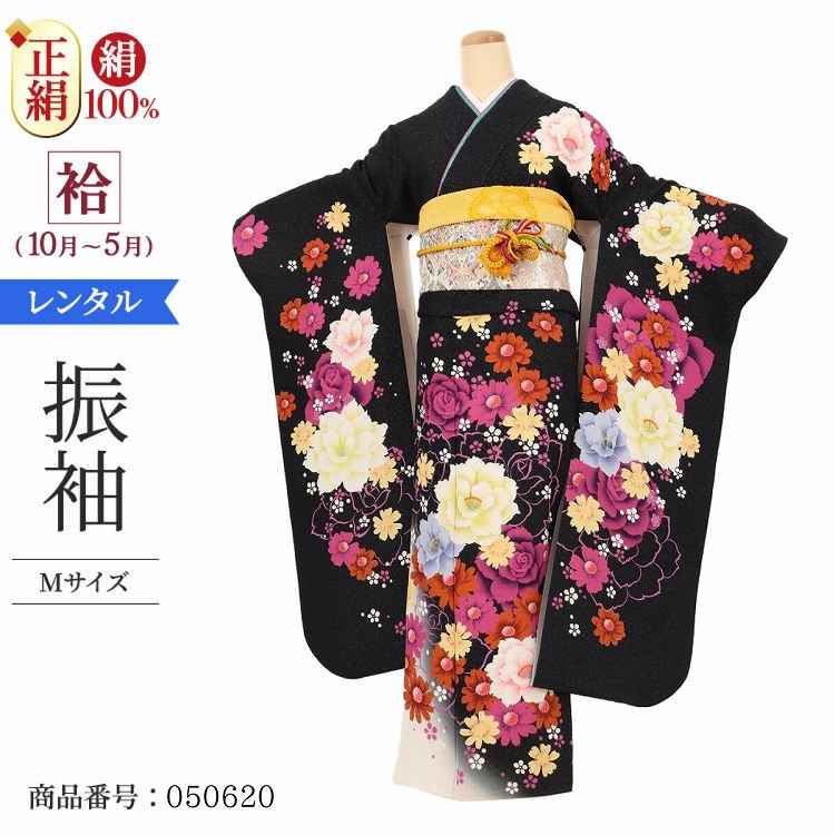 振袖 レンタル 黒 【Mサイズ 黒ラメ花ロマン】 振袖 レンタル 成人式 シンプル 結婚式 レトロ かっこいい 【レンタル】 大正ロマン 振袖