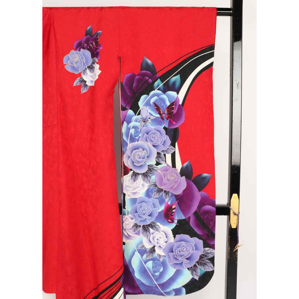 振袖 レンタル 赤 【Mサイズ 蘇芳紫黒バラに蝶】 振袖 レンタル