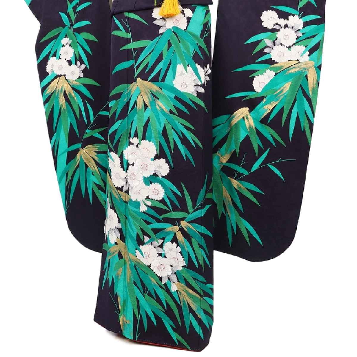 美品　洗える振袖　小紋柄　桜文様　縮緬　緑色系 桜】振袖・緑 朱色菊紋 No.F02 / 縁 -enishi-