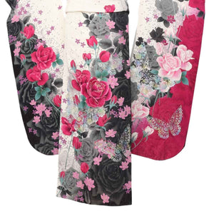 振袖 レンタル 白 【Mサイズ 白黒赤ラメバラ蝶】 振袖 レンタル 成人式 シンプル 結婚式 レトロ かっこいい 【レンタル】 大正ロマン 振袖