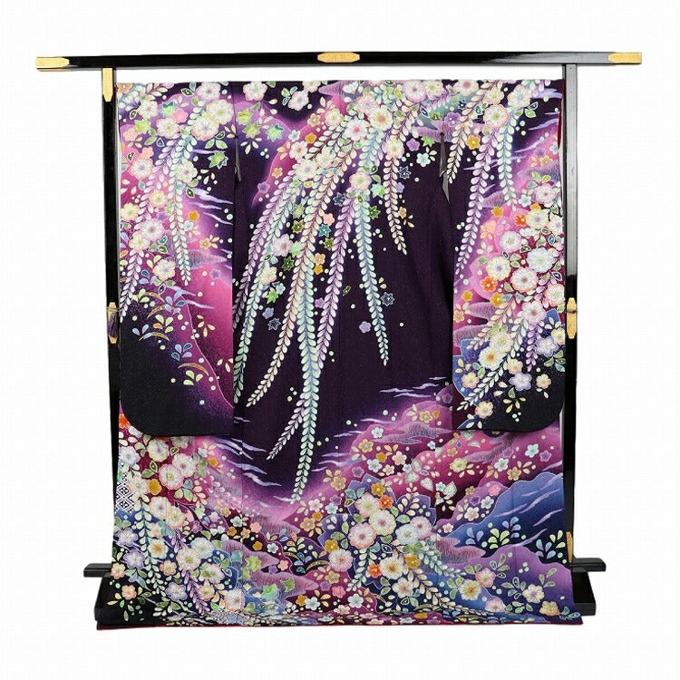 振袖 レンタル 紫 振袖 辻が花 【Mサイズ 濃紫黒ラメ絞辻が花