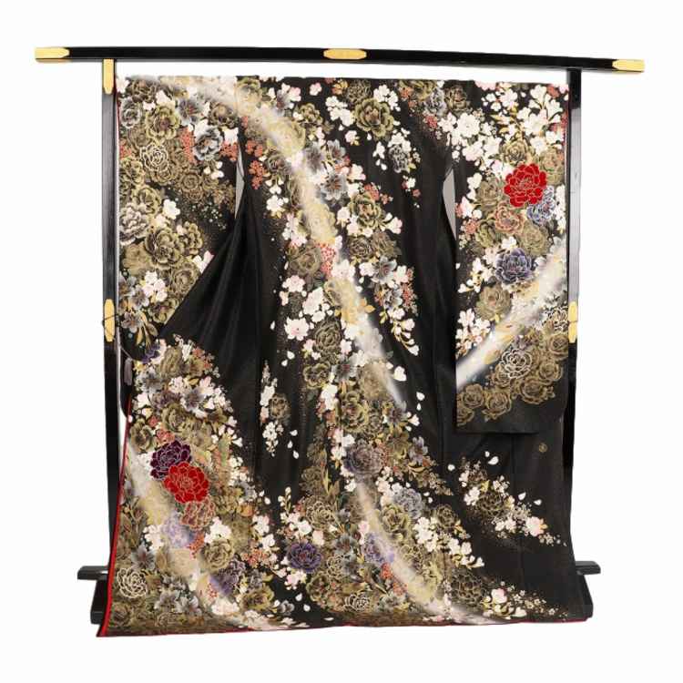 振袖 レンタル 黒 【Mサイズ 黒金ラメバラ刺繍蝶 桂由美】 振袖