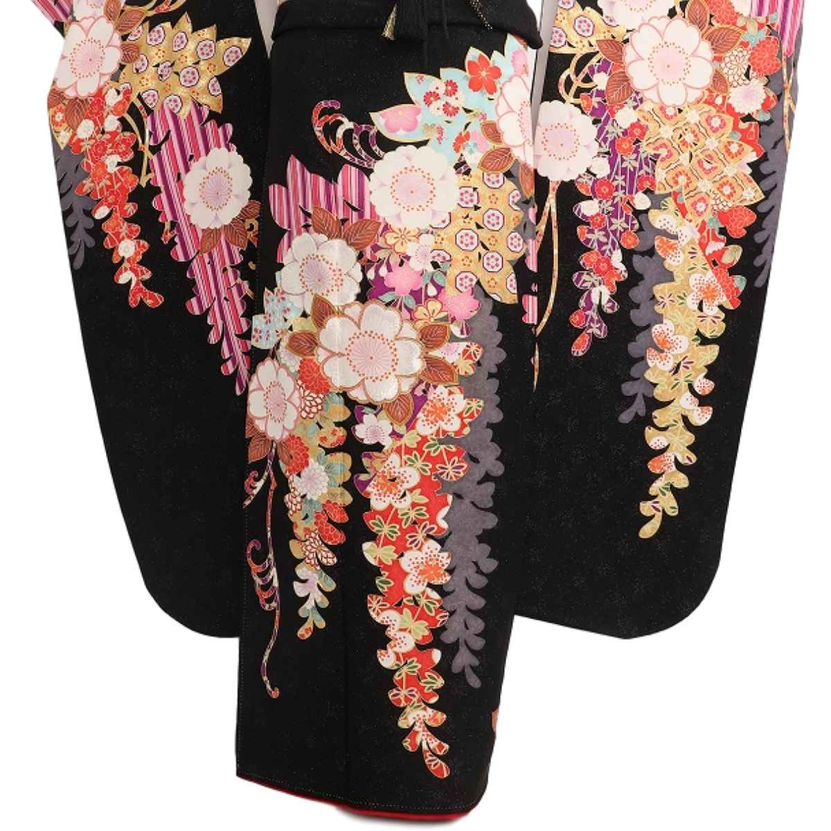 振袖 黒地 赤いユリ 蝶模様 振袖 黒地 赤いユリ 蝶模様