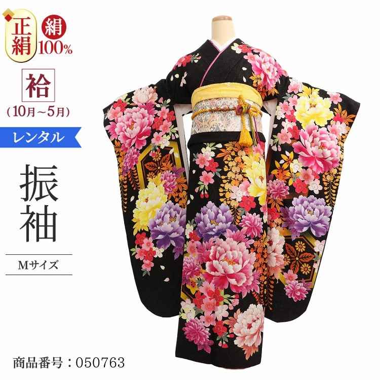 振袖 レンタル 黒 【Mサイズ 黒ラメ牡丹桜 押切もえ】 振袖 レンタル 成人式 シンプル 1か月 振袖レンタル フルセット 結婚式  【レンタル】 大正ロマン 振袖