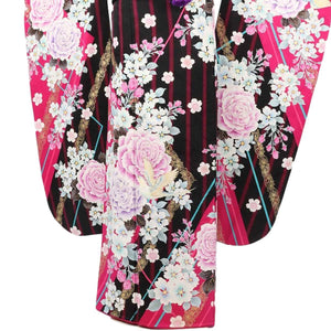 振袖 レンタル 黒 【Mサイズ 黒ワイン縞バラ鳥】 振袖 レンタル 成人式 シンプル 1か月 振袖レンタル フルセット 結婚式  【レンタル】 大正ロマン 振袖