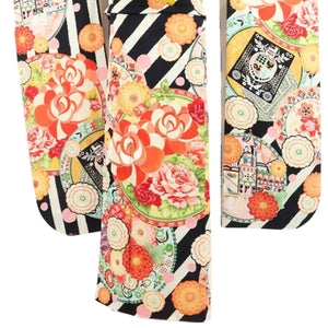 振袖 レンタル 黒 【Mサイズ 黒白立縞花皿】 振袖 レンタル 成人式 シンプル 結婚式 レトロ かっこいい 【レンタル】 大正ロマン 振袖 レンタル