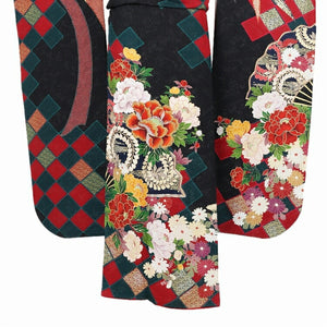 振袖 レンタル 黒 【黒ラメ扇に牡丹 N-spice】 振袖 レンタル 成人式 シンプル 結婚式 レトロ かっこいい 【レンタル】 大正ロマン 振袖 レンタル