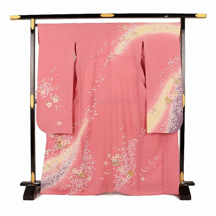 単衣 振袖 レンタル 夏用 【Mサイズ 朱鷺桜散らし鞠】 振袖