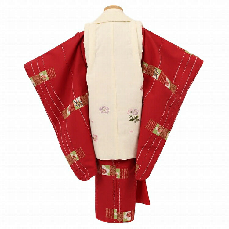 ◎509ag7◎七五三 三歳 女の子 アンティーク着物&被布 レトロ 濃朱色◎ 七五三 着物 3歳 レンタル 女の子 【白ワイン花刺繍】 七五三 3歳