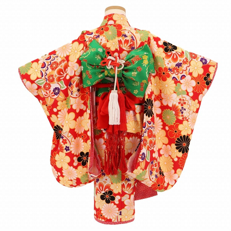 七五三 3歳 作り帯 レンタル 【白赤刺繍花鞠】 七五三 3歳 着物