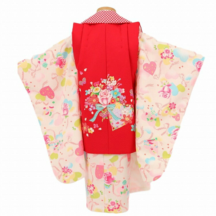 七五三 着物 3歳 レンタル 女の子 【赤白花ハート】 七五三 3歳