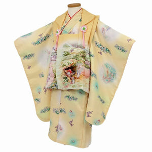 七五三 着物 3歳 レンタル 女の子  【黄色ピーターラビット】 七五三 3歳 アンティーク レトロ モダン 753 女 女子 被布 【レンタル】 七五三 着物 3歳 小さめ 肩上げ 腰上げ 無料 三歳 3才