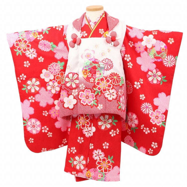 七五三 着物 3歳 レンタル 女の子 【花うさぎ 白赤疋田桜梅】 七五三 3