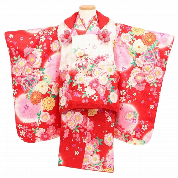 七五三　女の子着物　2点セット　華やか赤縮緬風　手鞠　八重桜　菊　日本製 七五三 着物 3歳 レンタル 女の子 【正絹 花うさぎ 白赤手鞠桜菊