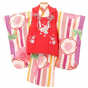 七五三 着物 3歳 レンタル 女の子  【赤白梅竹】 七五三 3歳 アンティーク レトロ モダン 753 女 女子 被布 【レンタル】 七五三 着物 3歳 小さめ 肩上げ 腰上げ 無料 三歳 3才