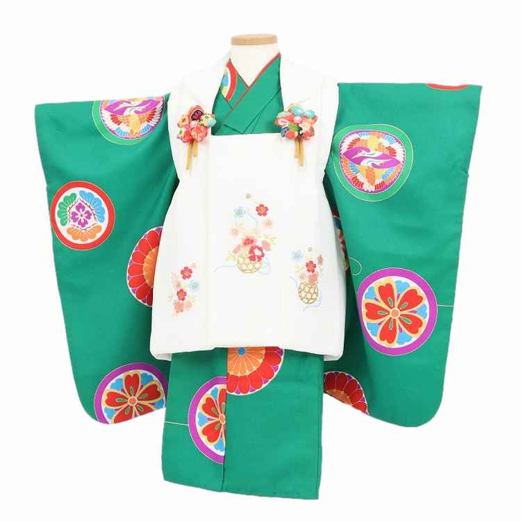 正絹 アンティーク着物 女の子 七五三 ◇花つぼ 花丸紋 古典柄 レンタル品】女児（3歳）七五三 着物 被布セット 古典柄 レトロ