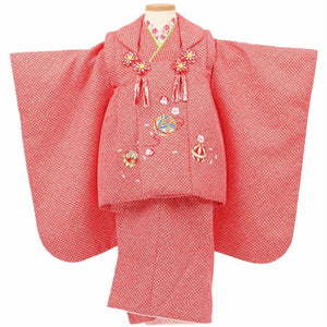 七五三 着物 3歳 レンタル 女の子  【赤疋田手鞠桜】 七五三 3歳 アンティーク レトロ モダン 753 女 女子 被布 【レンタル】 七五三 着物 3歳 小さめ 肩上げ 腰上げ 無料 三歳 3才