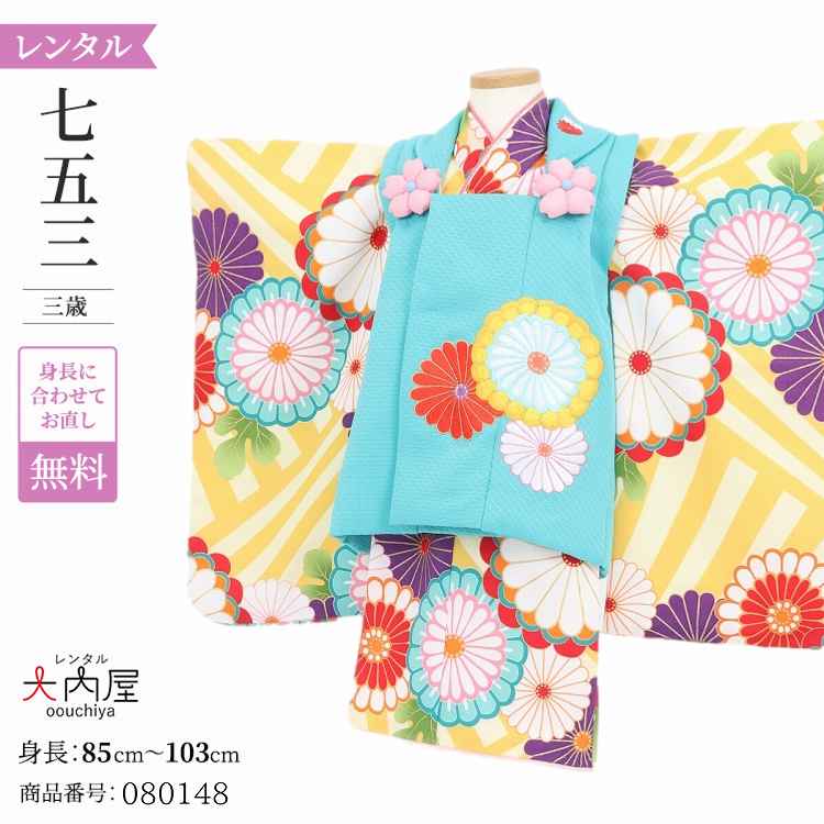七五三 着物 3歳 レンタル 女の子  【浅葱薄黄さや型梅】 七五三 3歳 アンティーク レトロ モダン 753 女 女子 被布 【レンタル】 七五三 着物 3歳 小さめ 肩上げ 腰上げ 無料 三歳 3才