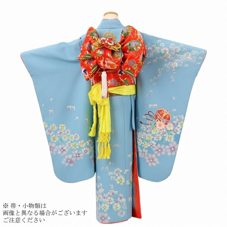 七五三に★正絹　グリーンと水色の七歳着物、作り帯セット　枝垂れ桜 七五三に☆正絹 グリーンと水色の七歳着物、作り帯セット 枝垂れ桜