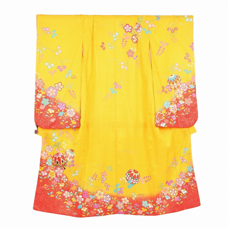 七五三 着物 レンタル 7歳 女の子 【正絹 黄赤桜花鞠】 7歳 七五三