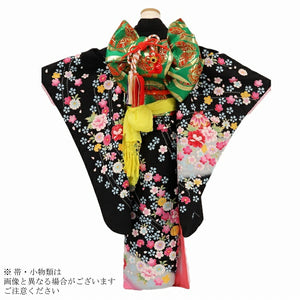 七五三 着物 レンタル 7歳 女の子 【黒時花鈴リボン】 7歳 七五三 着物 レトロ 【レンタル】 アンティーク 七五三 着物 7歳 フルセット レンタル 七五三 7歳 帯 作り帯 袋帯 に変更可能 七五三 着物 7歳 女の子 小さめ