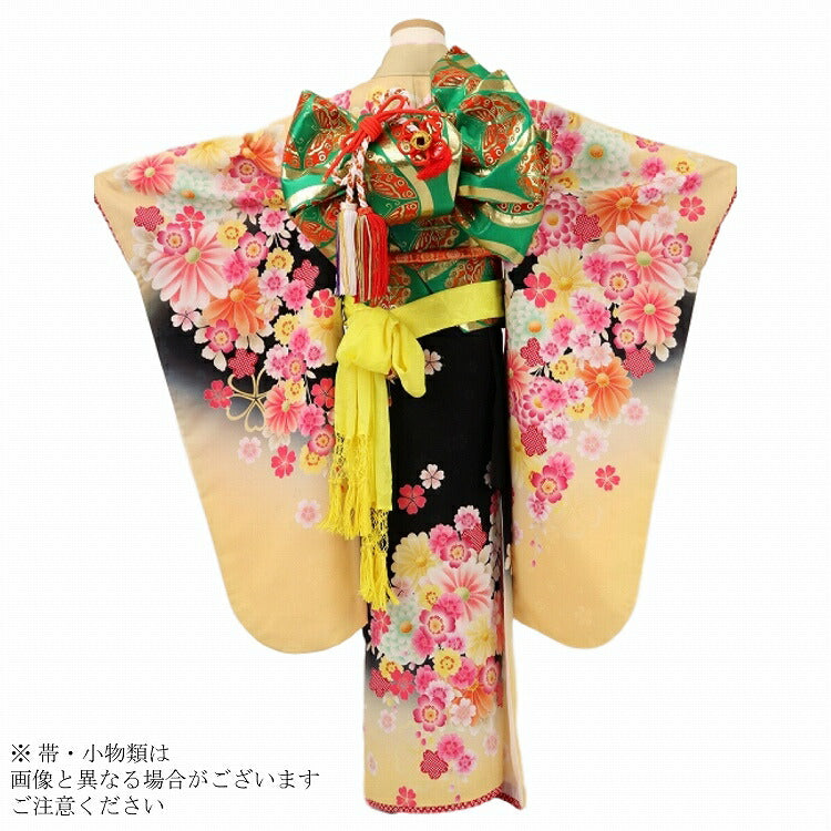 七五三 着物 レンタル 7歳 女の子 【黒黄百花繚乱】 7歳 七五三 着物