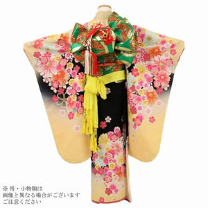 七五三 着物 レンタル 7歳 女の子 【黒黄百花繚乱】 7歳 七五三 着物 レトロ 【レンタル】 アンティーク 七五三 着物 7歳 フルセット レンタル 七五三 7歳 帯 作り帯 袋帯 に変更可能 七五三 着物 7歳 女の子 小さめ
