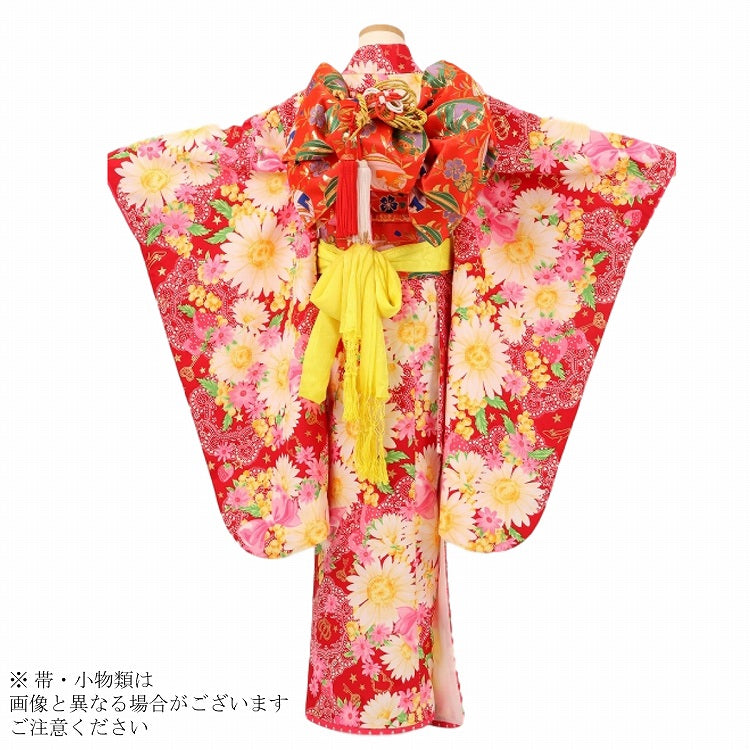 七五三 着物 レンタル 7歳 女の子 【赤黄宝向日葵】 7歳 七五三
