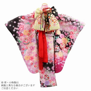 七五三 着物 レンタル 7歳 女の子 【黒紫鈴桜尽くし】 7歳 七五三 着物 レトロ 【レンタル】 アンティーク 七五三 着物 7歳 フルセット レンタル 七五三 7歳 帯 作り帯 袋帯 に変更可能 七五三 着物 7歳 女の子 小さめ