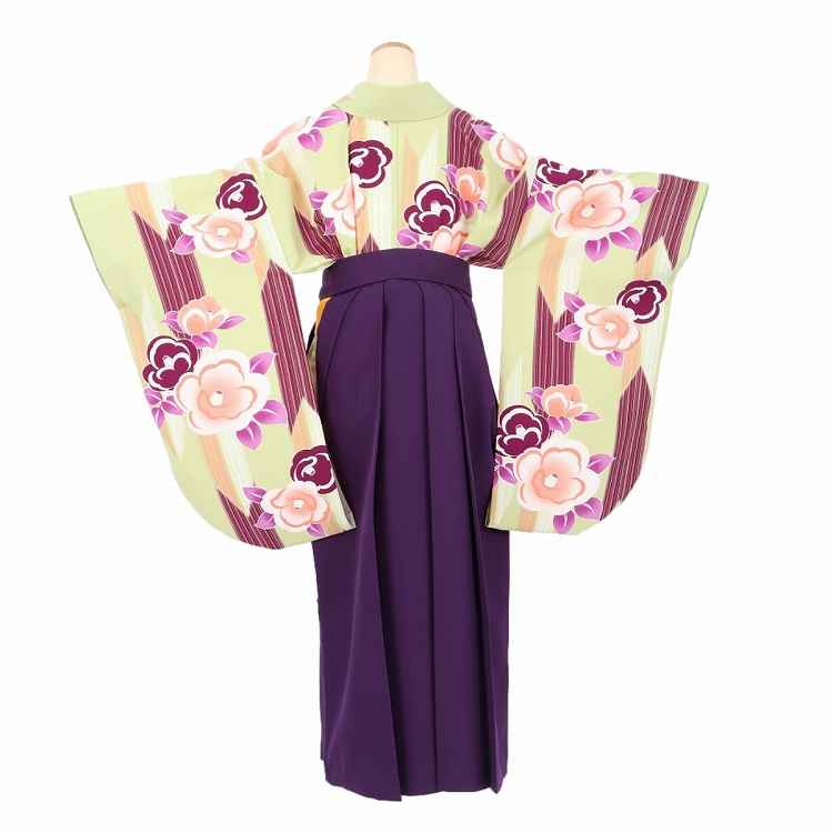卒業式 袴 レンタル 女 フルセット 【A3 黄緑紫矢絣椿】 袴